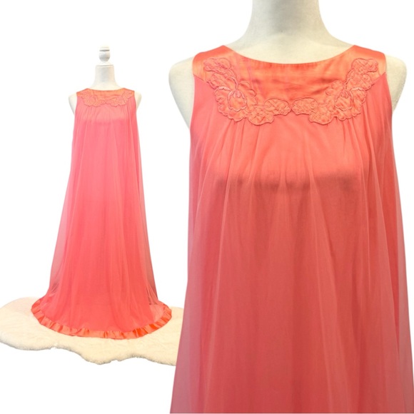 Vintage Artemis Gossard Pink Coral Silky Satin Sheer Chiffon Maxi Gown Robe Set - Picture 5 of 13